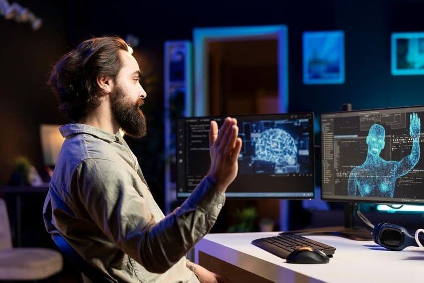 Разработчик программирует ИИ, приветствуя силуэт человека на мониторе.