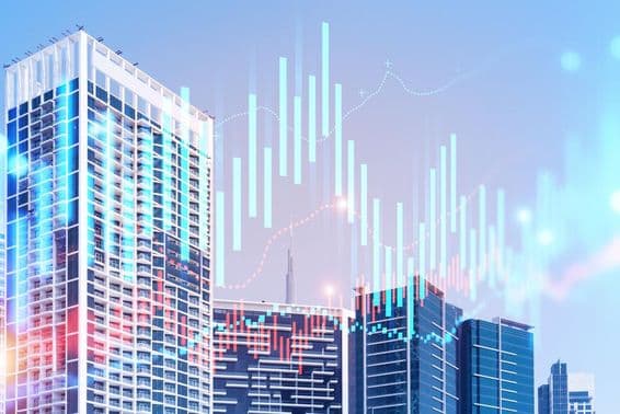 Здания с Бурдж-Халифом на фоне и графики спереди.