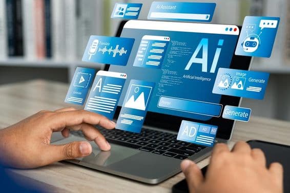 Ноутбук, на котором отображается голограмма ИИ, управляемая рукой человека через тачпад.