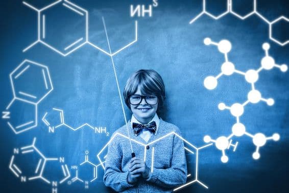 Студент с проекцией химической связи атомов.
