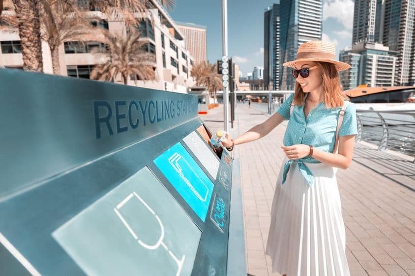 Бросок бутылки в дубайский контейнер для переработки, на фоне небоскрёбов.