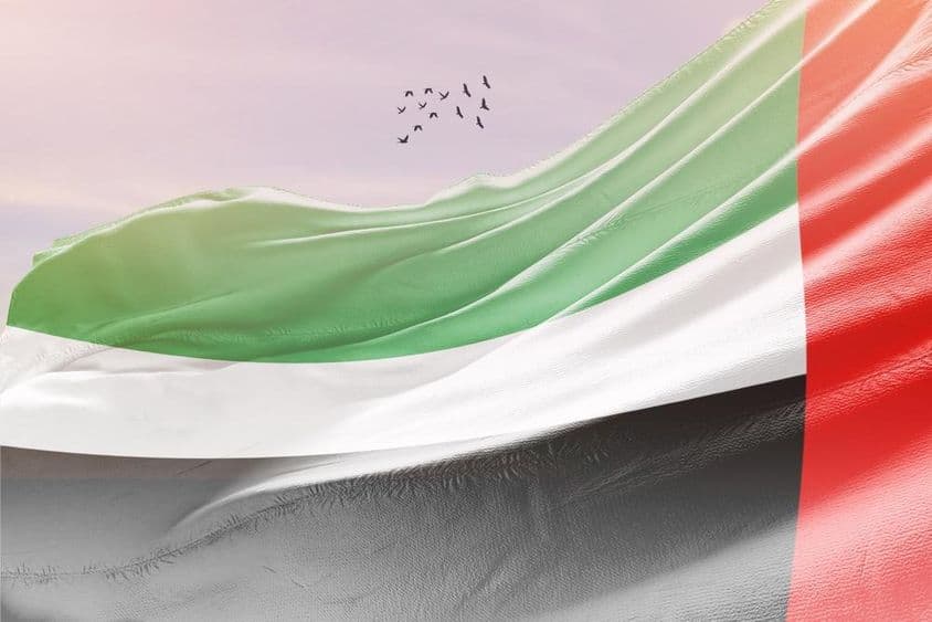 Флаг ОАЭ развевается на ветру.