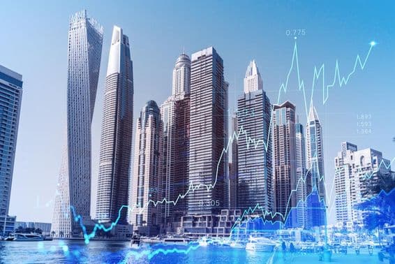 Бизнес-центр Дубая с наложенной диаграммой форекса.