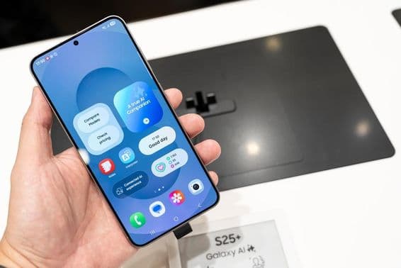 Samsung Galaxy S25+ в руке в магазине.