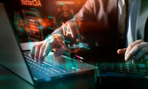 Технология ИИ, искусственный интеллект на рабочем месте, графические и цифровые элементы.