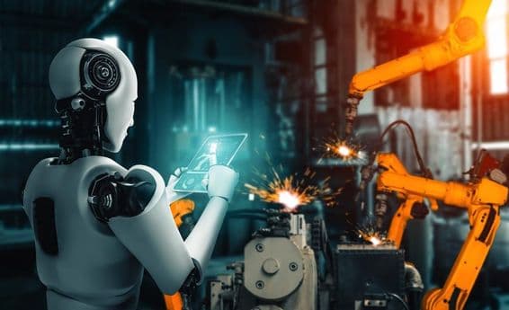 Искусственный интеллект следит за роботизированными манипуляторами во время сборочного процесса на производственной линии.