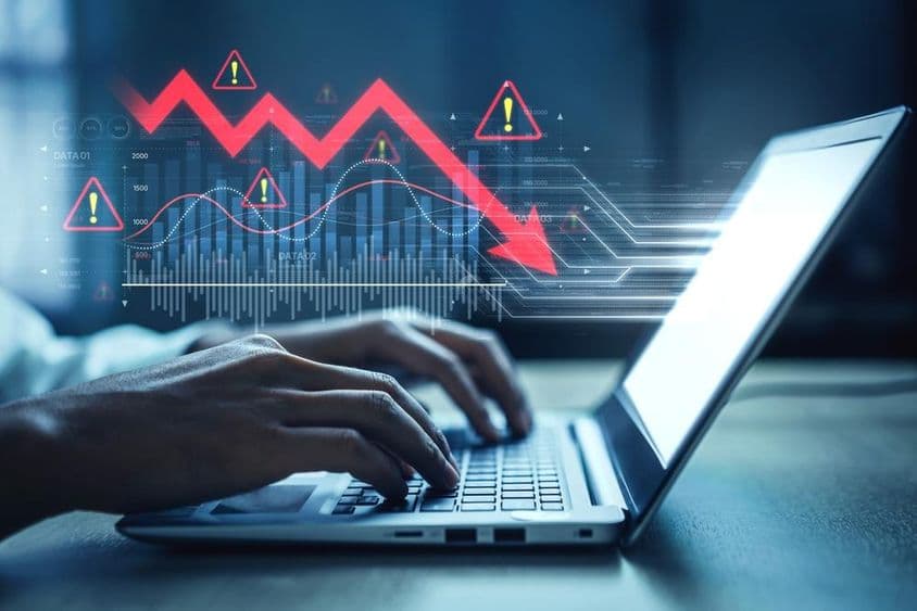 График рынка, символы предупреждения и негтивные тенденции данных.