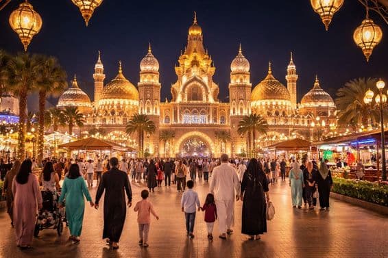 Рамадан вечером семейная атмосфера в Dubai's Global Village.
