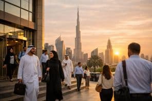 Коммерсант возвращается домой после офисной работы на закате.