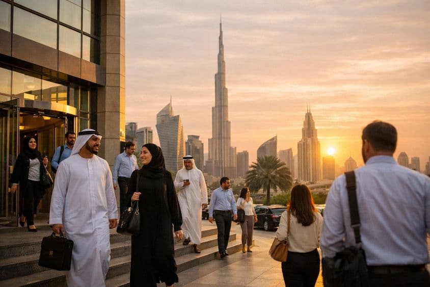 Коммерсант возвращается домой после офисной работы на закате.