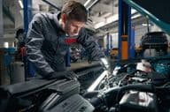 Работник выполняет комплексный технический осмотр автомобиля